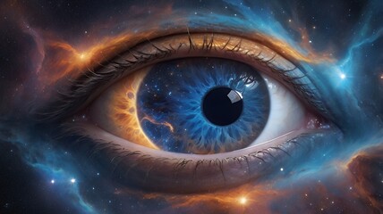 Close up of a blue eye in space