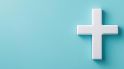 Fototapeta premium Glowing white medical cross on a light blue abstract background, symbolizing health and wellness