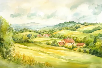 Fotobehang A serene watercolor landscape featuring rolling hills, lush green fields, and quaint houses under a cloudy sky. © 6ixpoint6