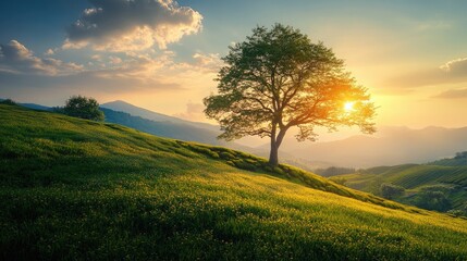Obraz premium A lone tree stands on a grassy hill at sunset. This image depicts tranquility and solitude, perfect for designs focusing on nature, peace, or escape.