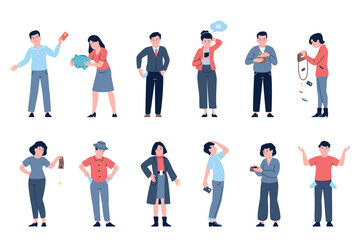 People with empty wallets. Men women show wallet pocket without cash. Poor characters, financial personal crisis, bankruptcy recent vector set