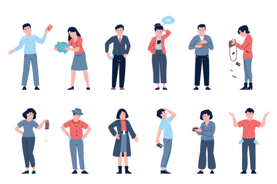 People with empty wallets. Men women show wallet pocket without cash. Poor characters, financial personal crisis, bankruptcy recent vector set