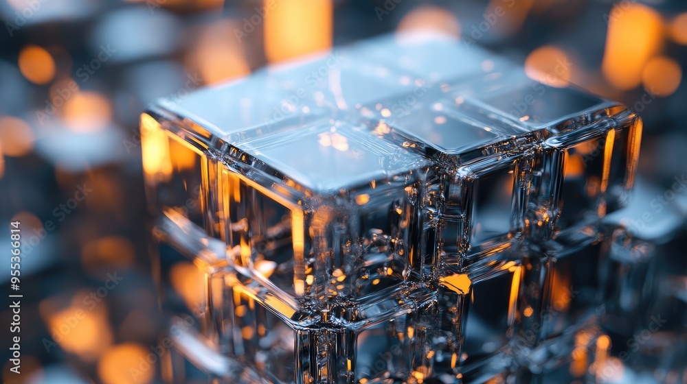 Poster a close-up 3d render of an abstract glass cube with internal glowing sections, highlighting the intr