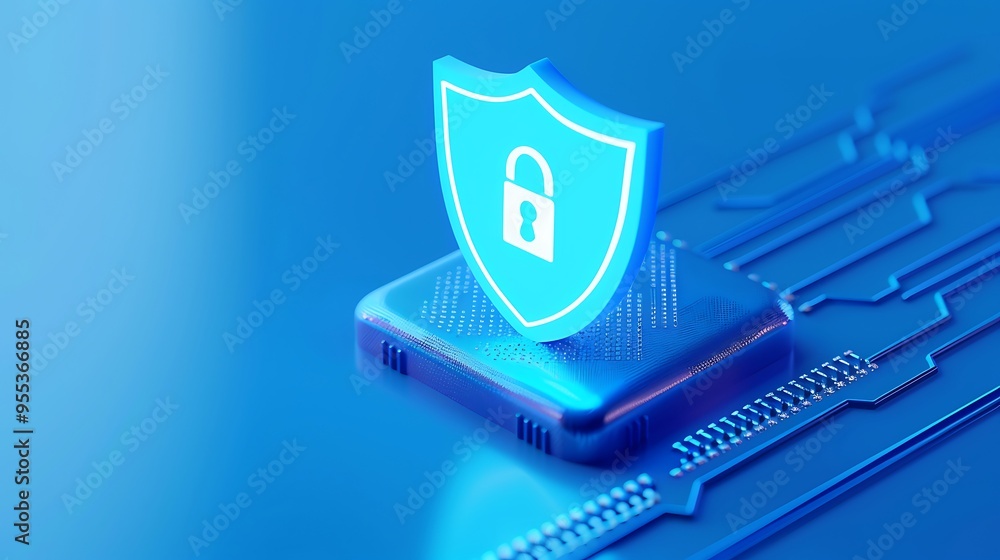 Poster 3D shield with a padlock representing cybersecurity. Blue background with circuit-like lines emphasizing digital security concepts.