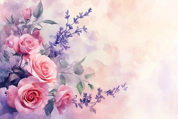 Delicate watercolor floral arrangement featuring soft pink roses and lavender blooms, perfect for invitations or decor.