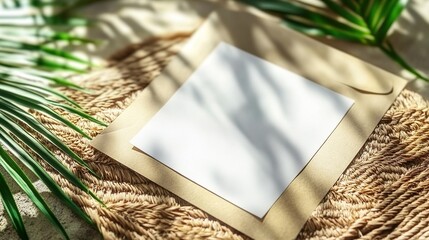 Maqueta de una tarjeta colocada sobre una mesa de trabajo con colores cálidos. Concepto de recurso gráfico.