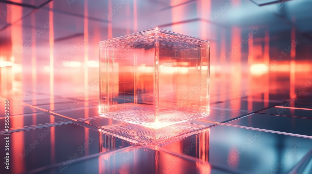 Poster a complex glass cube structure with internal glow, floating above a reflective surface, showcasing s