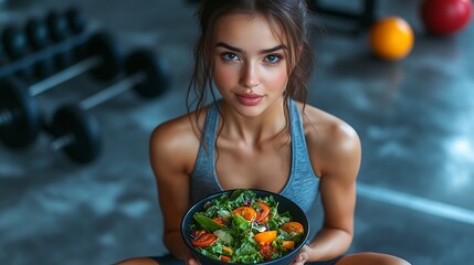 Naklejka premium A fit woman in sleek sportswear, intently eating a fresh salad during a gym session, sitting on a bench with weights nearby,