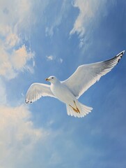 Oil painting depicting a seagull soaring in clear skies capturing the essence of freedom in flight