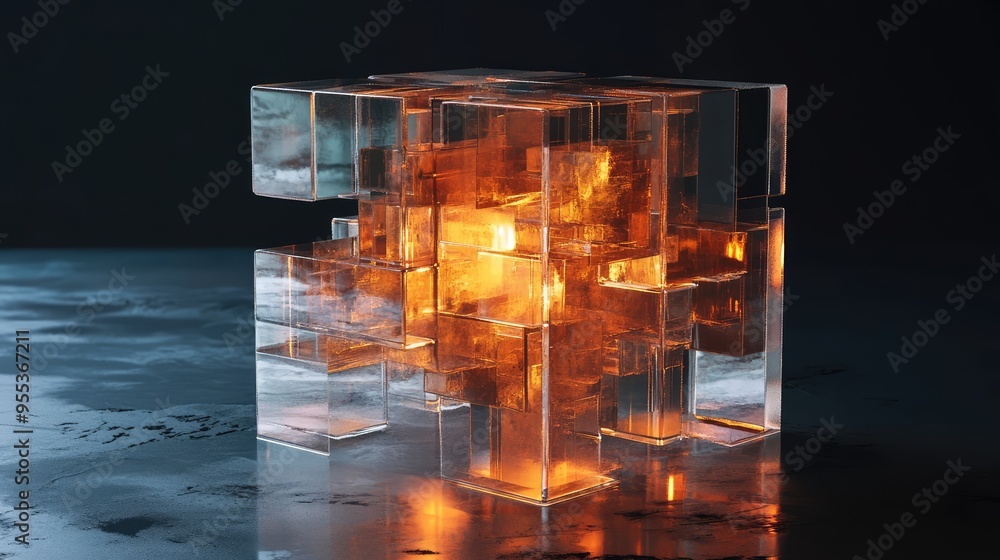 Poster a disassembled glass cube with glowing inner sections, creating an abstract, floating structure