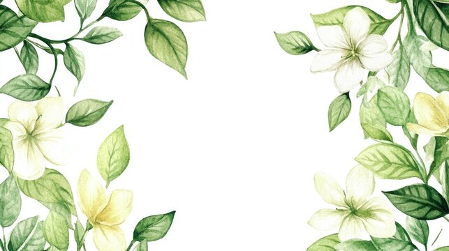 Watercolor illustration of green flowers and leaves on a white background featuring a decorative frame suitable for stationery greetings wallpapers fashion and anniversaries