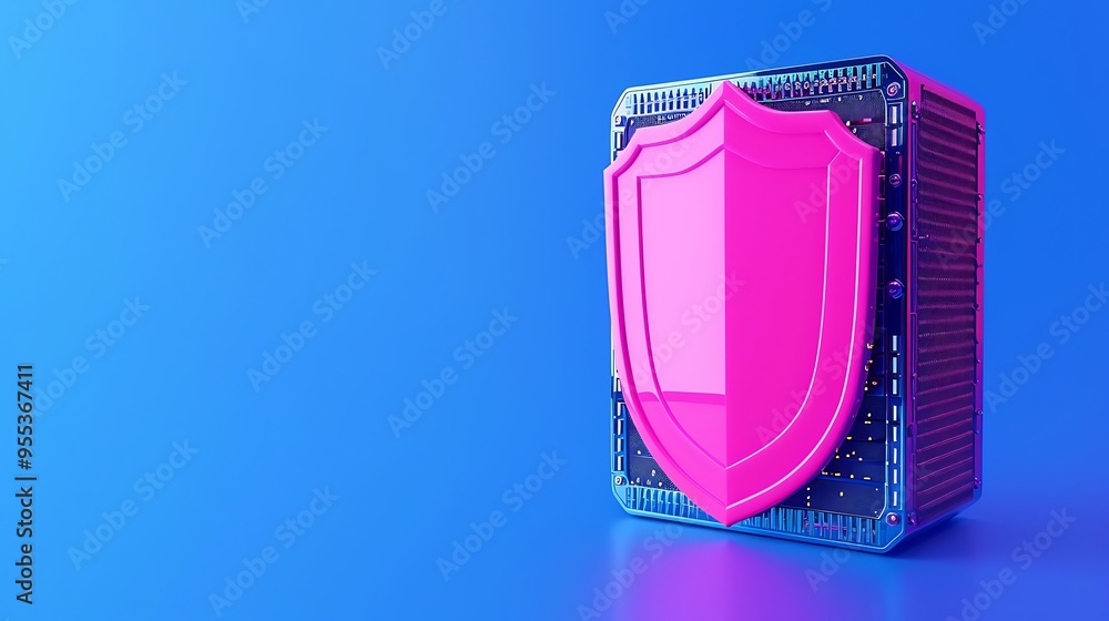 Poster 3d-rendered image of a pink shield on a server box against a blue background, symbolizing data prote