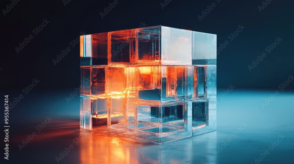 Poster a disassembled glass cube with glowing inner sections, creating an abstract, floating structure