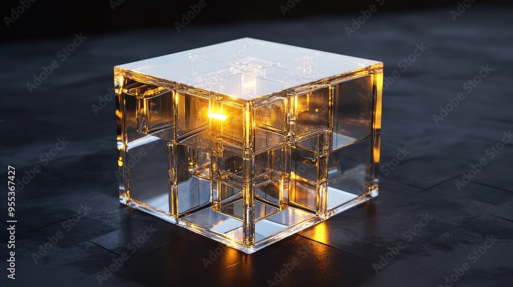 Poster a disassembled glass cube with glowing inner sections, creating an abstract, floating structure