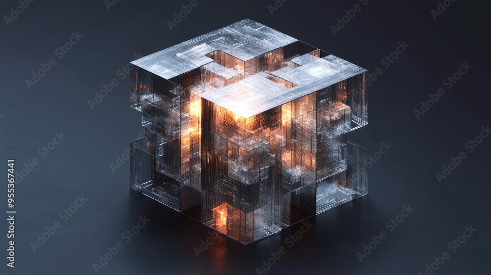 Poster a disassembled glass cube with glowing inner sections, creating an abstract, floating structure
