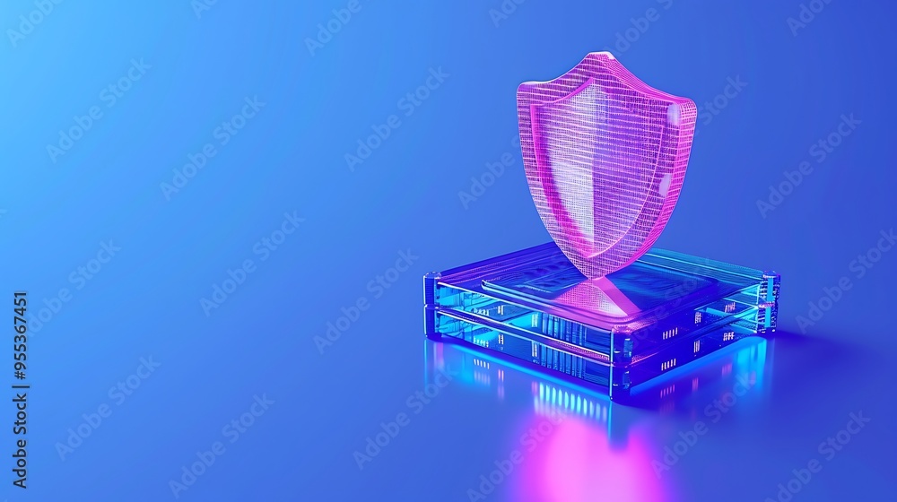 Poster 3d-rendered image of a pink shield on a futuristic platform, symbolizing cybersecurity and data prot