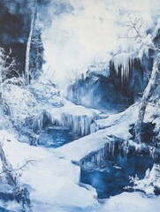 Oil painting showcasing winter wonders featuring water and ice seasonal phenomena and natural elements