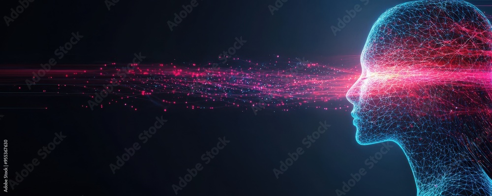 Poster futuristic digital head with energy rays illustrating advanced technology and artificial intelligenc