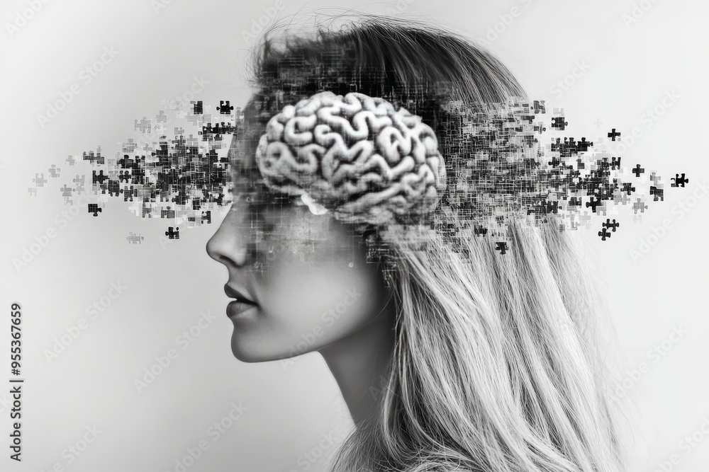 Poster neuropsychiatry neuroplasticity womans profile with puzzle pieces dissolving from her brain symboliz