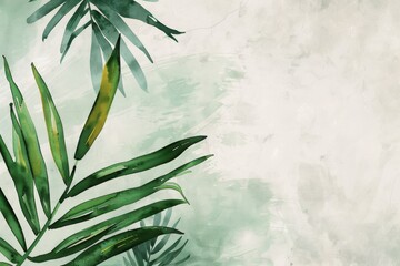 Flat lay frame with palm green leaves on watercolor background with copy space. desktop wallpaper with palm leaves. backdrop or green leafy tropical forest patterns for design elements.