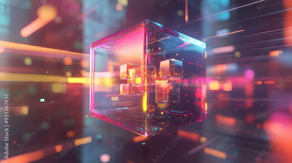Poster a floating glass cube structure with smaller glowing cubes inside, casting vibrant reflections and l