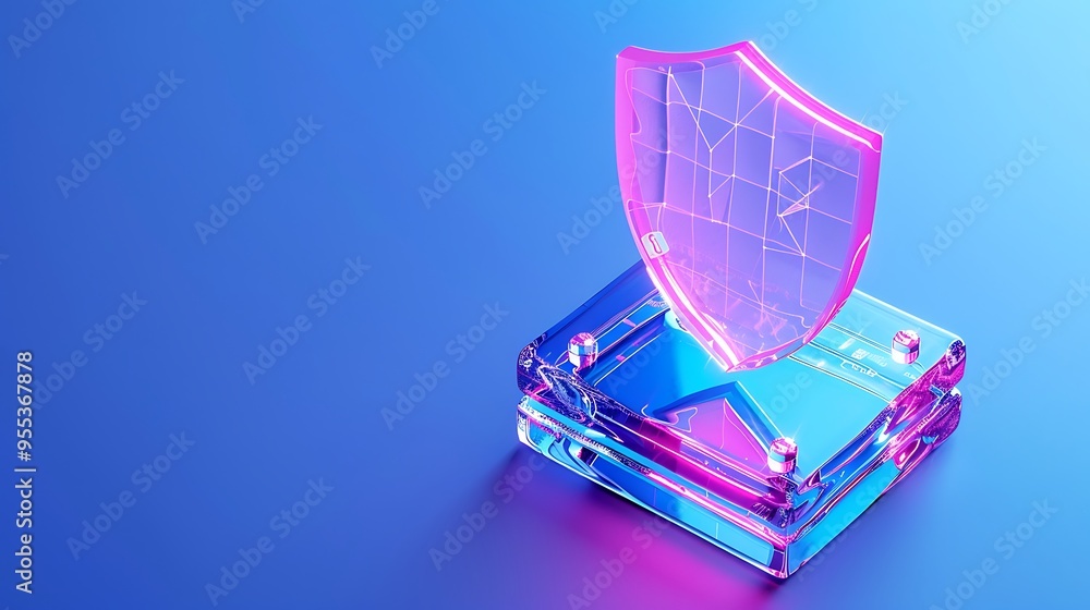 Poster a 3d rendered image of a translucent shield symbolizing cybersecurity and data protection over a fut