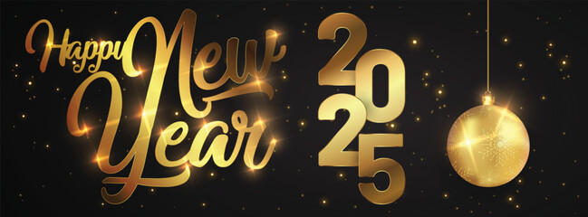 Happy New Year of glitter gold fireworks. Vector golden glittering text and 2025 numbers with sparkle shine for holiday greeting card.