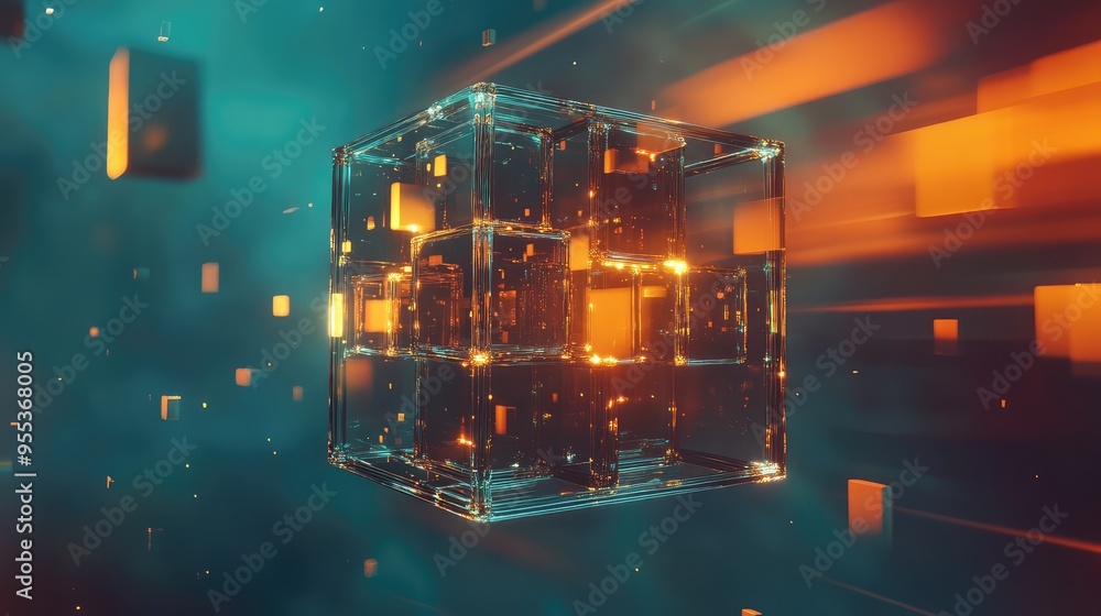 Poster a floating glass cube structure with smaller glowing cubes inside, casting vibrant reflections and l
