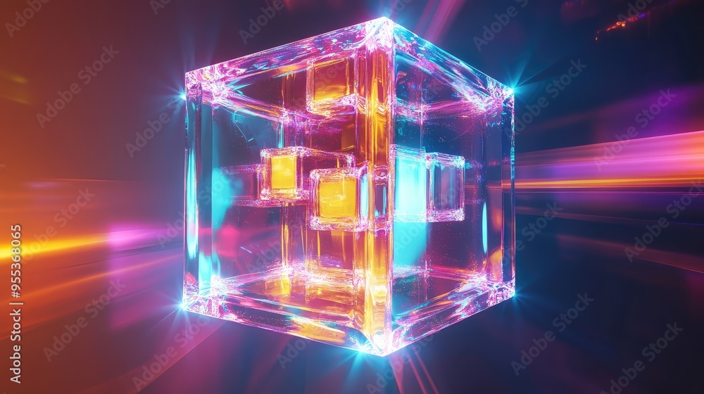 Poster a floating glass cube structure with smaller glowing cubes inside, casting vibrant reflections and l