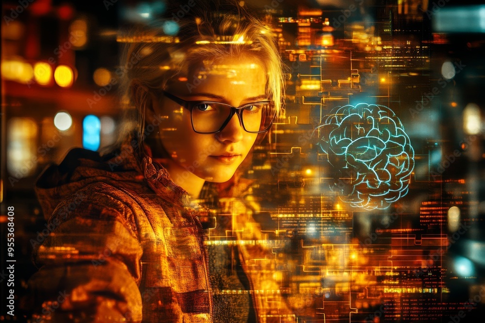 Poster neurophilosophy neuroplasticity womans profile with a glowing brain and digital elements representin