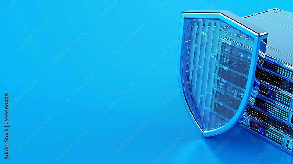 Poster a concept image of cybersecurity with a server protected by a shield against a blue background, repr