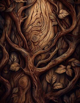 Wooden textured background in fantasy elvish style. Intricate pattern with tree leaves and  branches. 