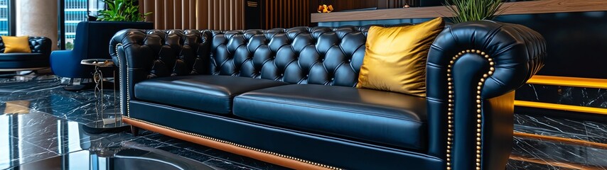 Fototapeta premium Elegant black leather sofa with tufted design and contrasting gold pillow, perfect for modern interior decor and luxury settings.