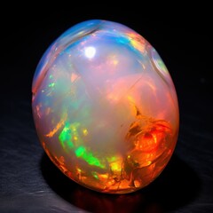 This vibrant, colorful, multi-colored opal cabochon looks stunning against a black background.