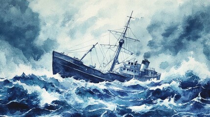Obraz premium Watercolor illustration of a ship in distress