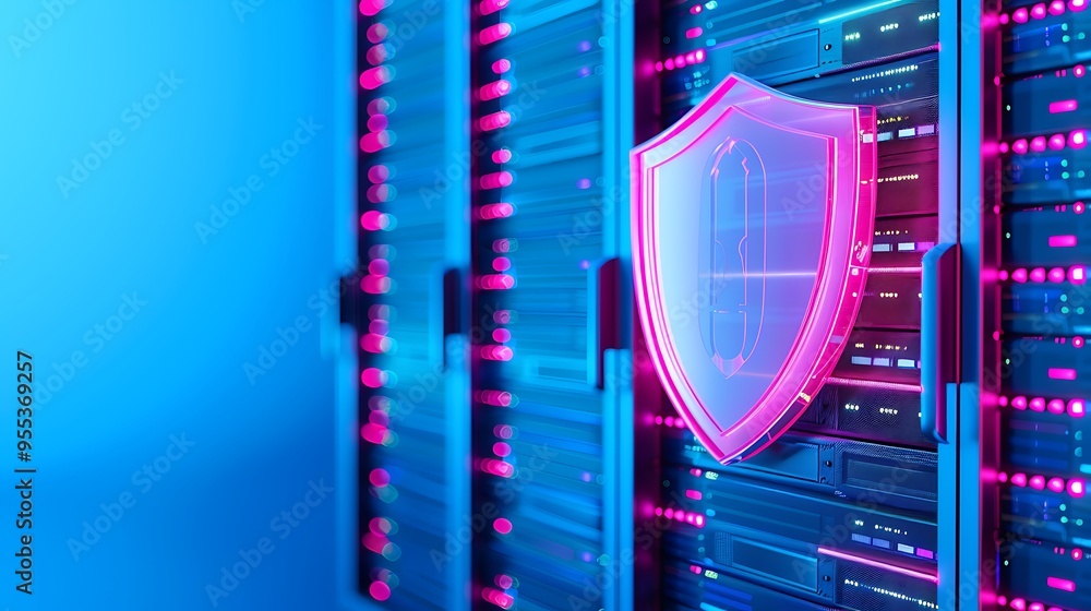 Poster a digital shield icon overlays server racks, representing data protection and cybersecurity in a col
