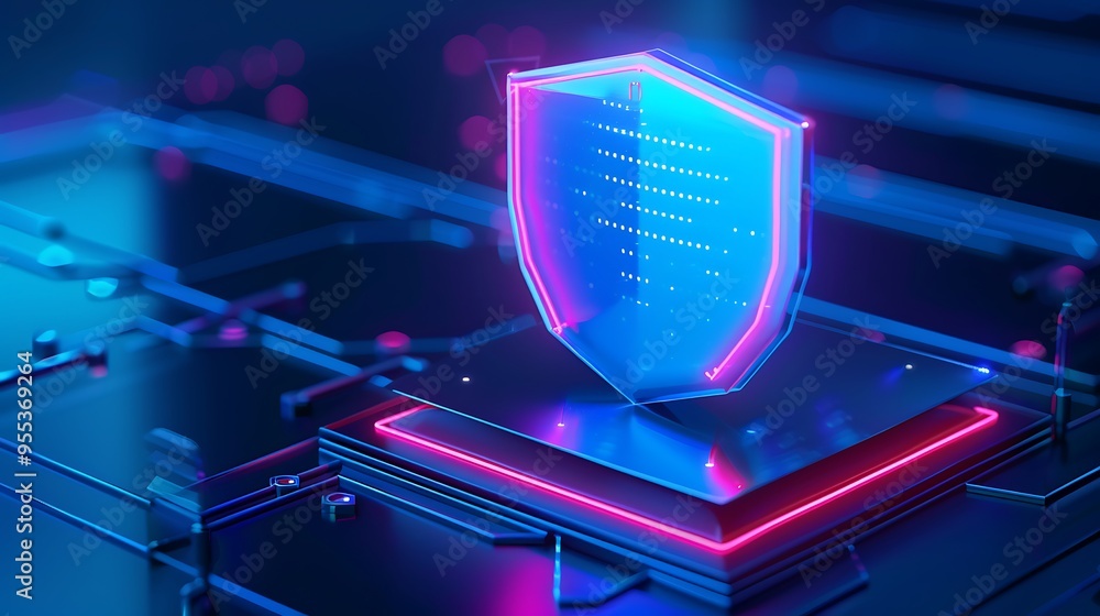Poster a digital shield icon representing cyber security and data protection over a futuristic circuit boar