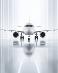 Fototapeta premium A sleek commercial airplane on a reflective runway, showcasing modern aviation design and technology.
