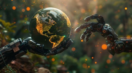 A robotic hand holds a glowing Earth, symbolizing technology's impact on the planet, suitable for environmental or technological themes,