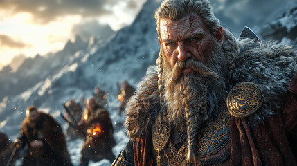 veteran dwarf commander with a scarred face and ornate armor leading his clan through the snow-covered mountains at dusk