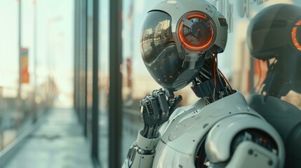 Fototapeta premium A futuristic robot with a reflective helmet stands thoughtfully against a glass wall in an urban setting, suitable for technology, AI innovation, and robotics themes,