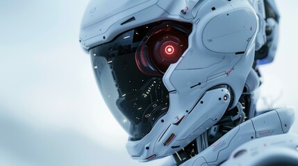 Fototapeta premium Close-up of a futuristic white robot head with a red glowing eye and detailed mechanical parts, suitable for technology, artificial intelligence, and robotics-themed projects,