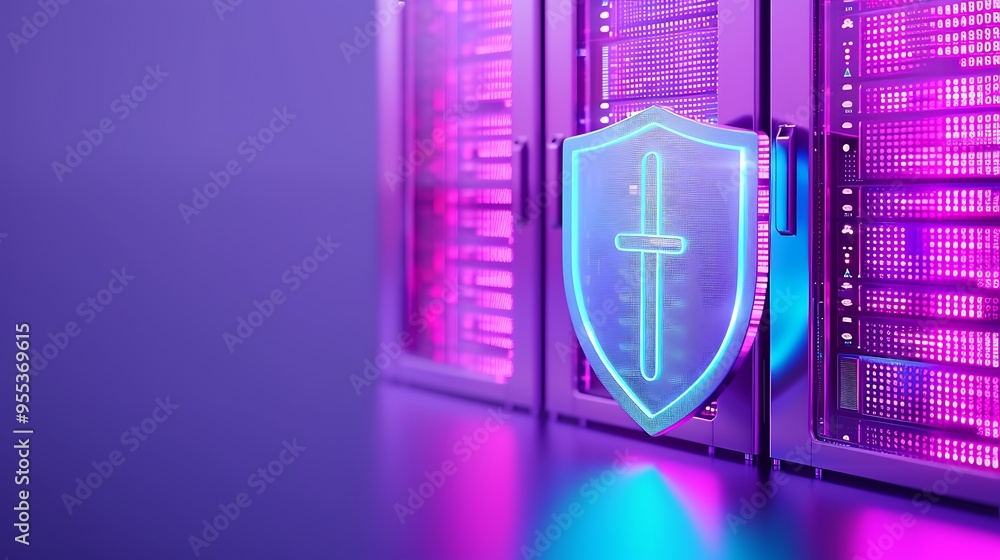 Poster a digital shield over a server rack illuminated with pink and blue lights, symbolizing cybersecurity