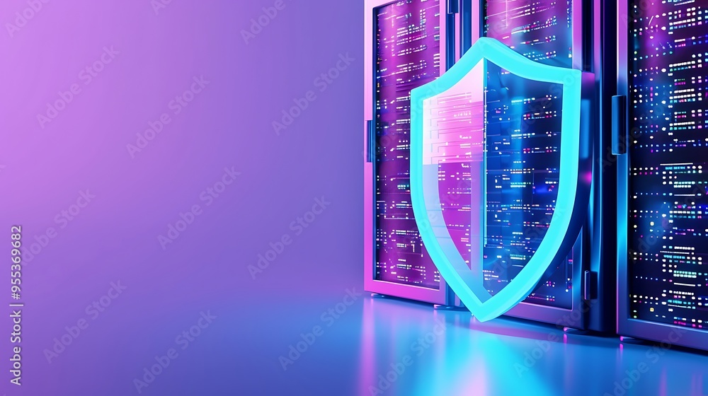Poster a digital shield protecting a server room illustrating the concept of cybersecurity and data protect