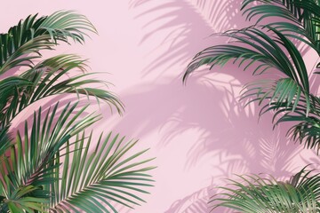 Flat lay frame with palm green leaves on pink background with copy space. desktop wallpaper with palm leaves. backdrop or green leafy tropical forest patterns for design elements.