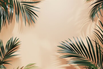 Flat lay frame with palm green leaves on beige background with copy space. desktop wallpaper with palm leaves. backdrop or green leafy tropical forest patterns for design elements.
