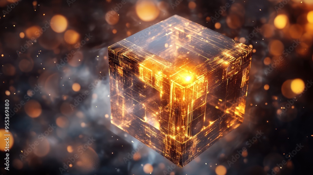 Poster an abstract, floating glass cube with glowing inner sections, casting intricate light patterns on th