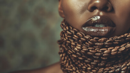 Woman with coffee bean hair and intricate jewelry. Creative fashion concept, coffee advertising