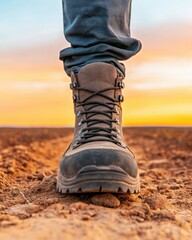 Naklejka premium a hiking boot on an earthy trail during sunset, symbolizing adventure and exploration in nature.