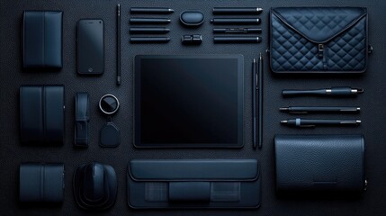 Dark modern workplace with tablet and office supplies on a black leather background